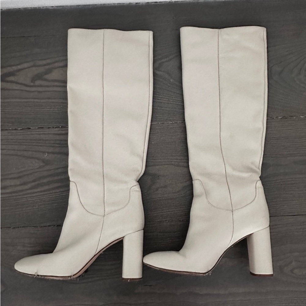 Zara Tall Block-Heel Knee Boots in Light Cream